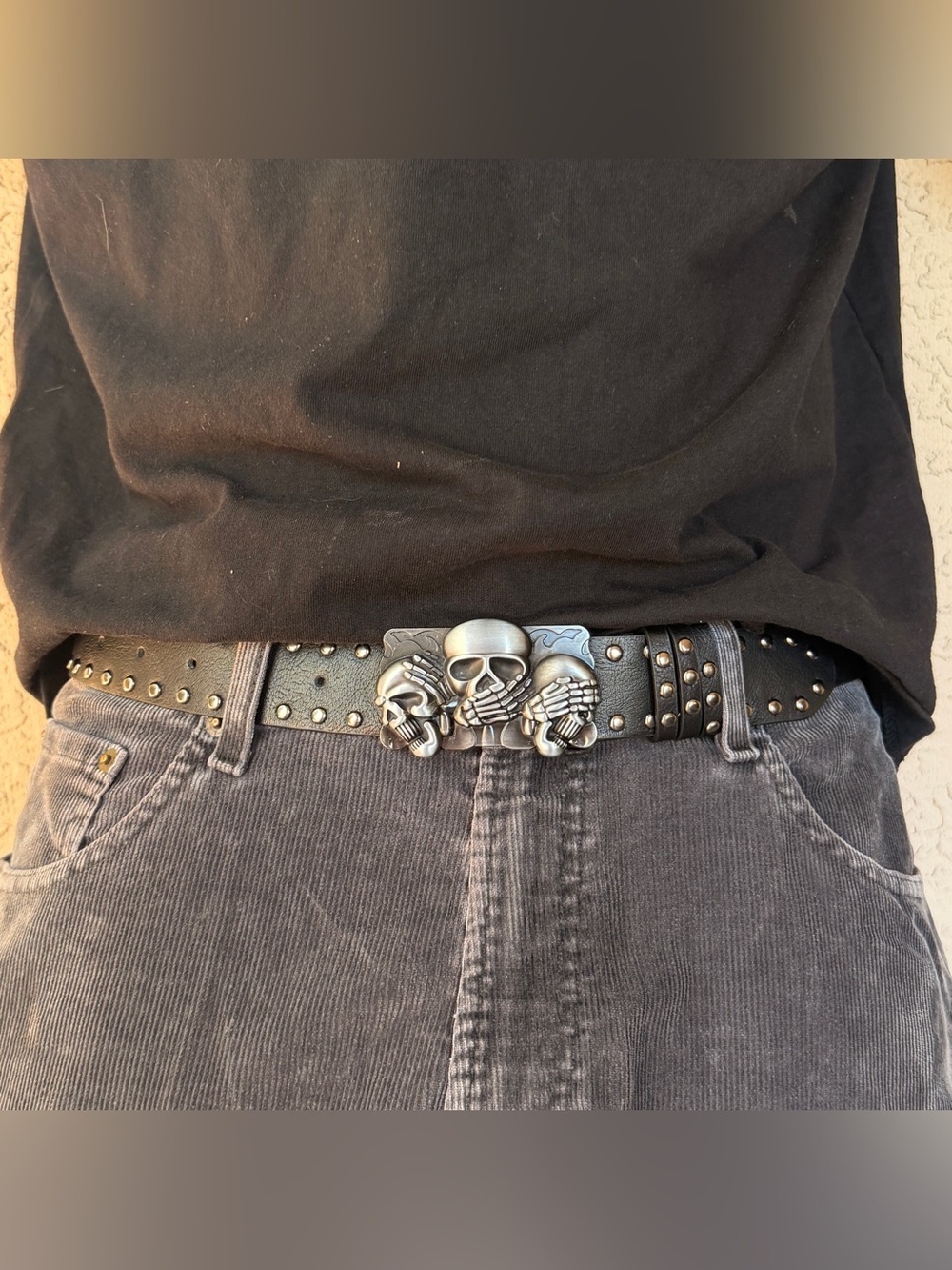 Affliction Black Leather Belt with Triple Skull Buckle